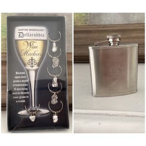 Lot Of 2 Barwear Accessories Stainless Steel Wine Markers And 5oz Flask Screwtop